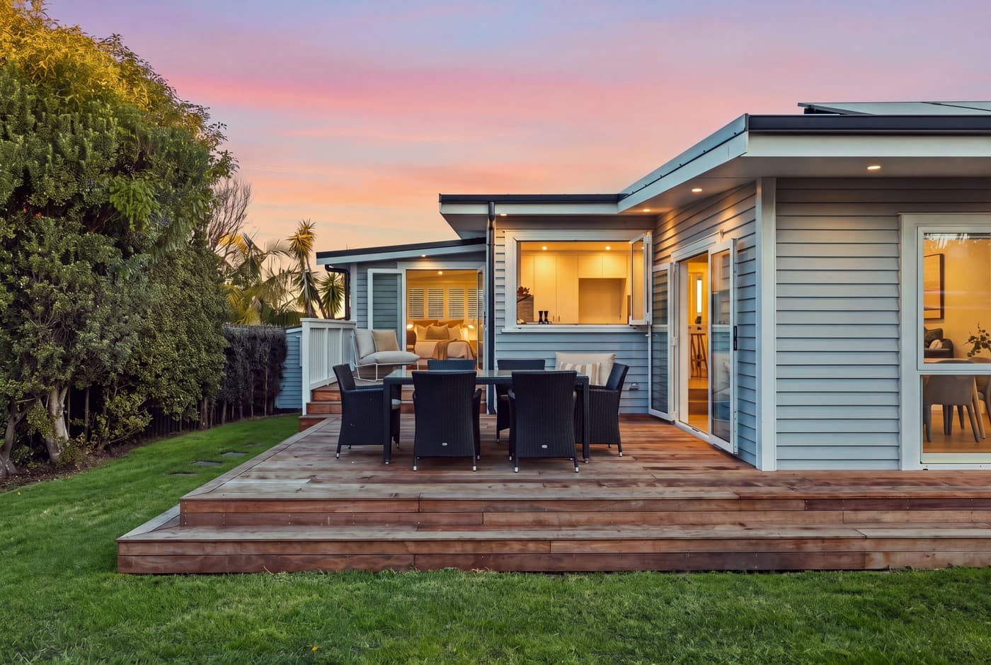 Deck and lawn at twilight