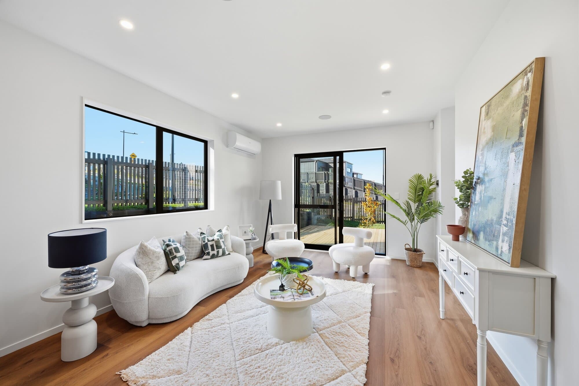 Living room, virtually staged, wide angle