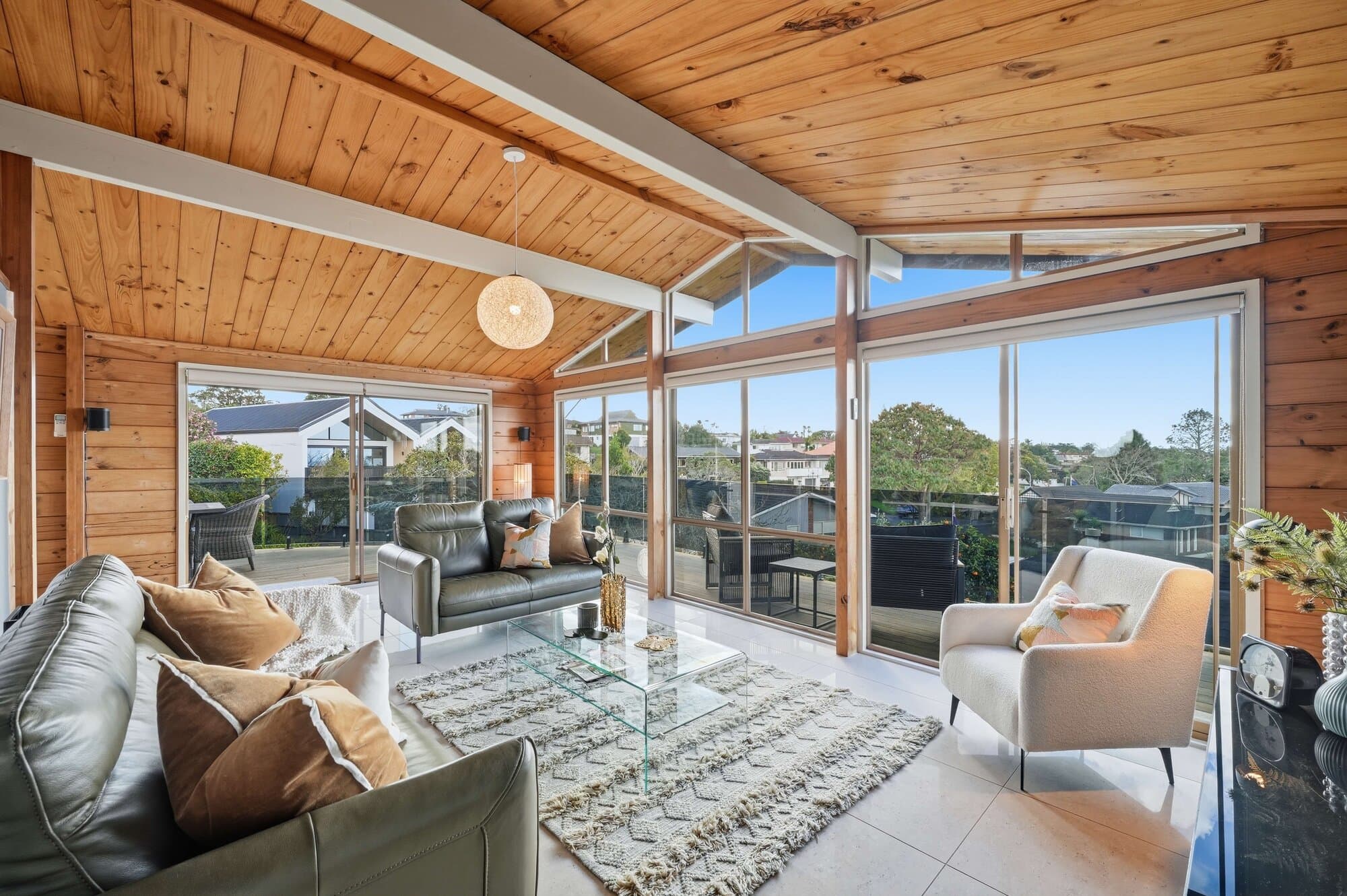 Wide angle of the living room with sea views