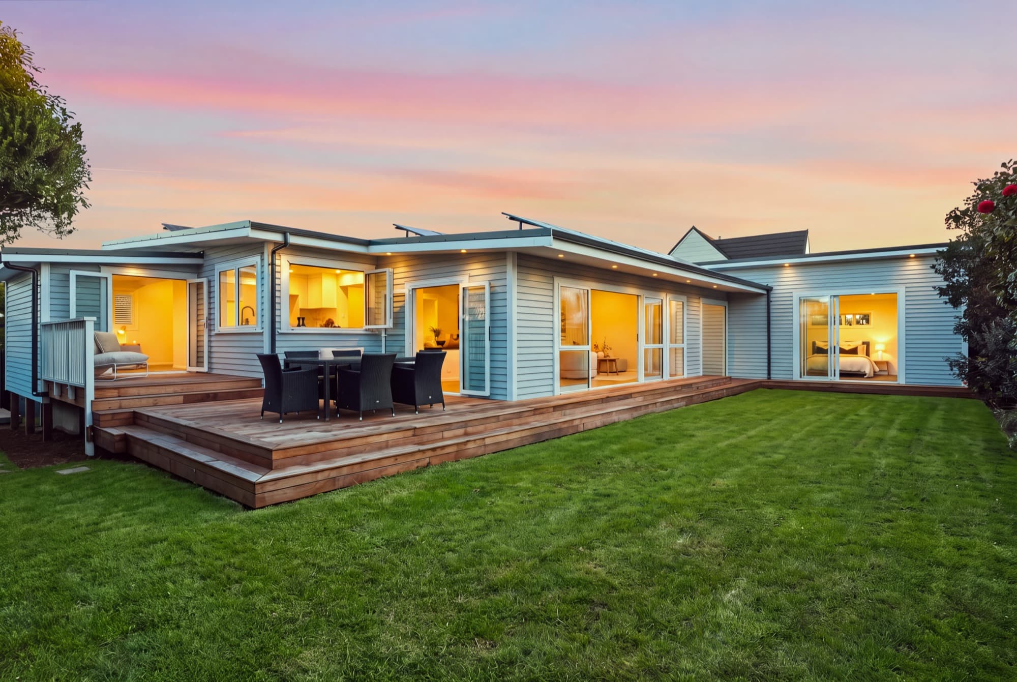 Wide view of the rear elevation at twilight across the level lawn
