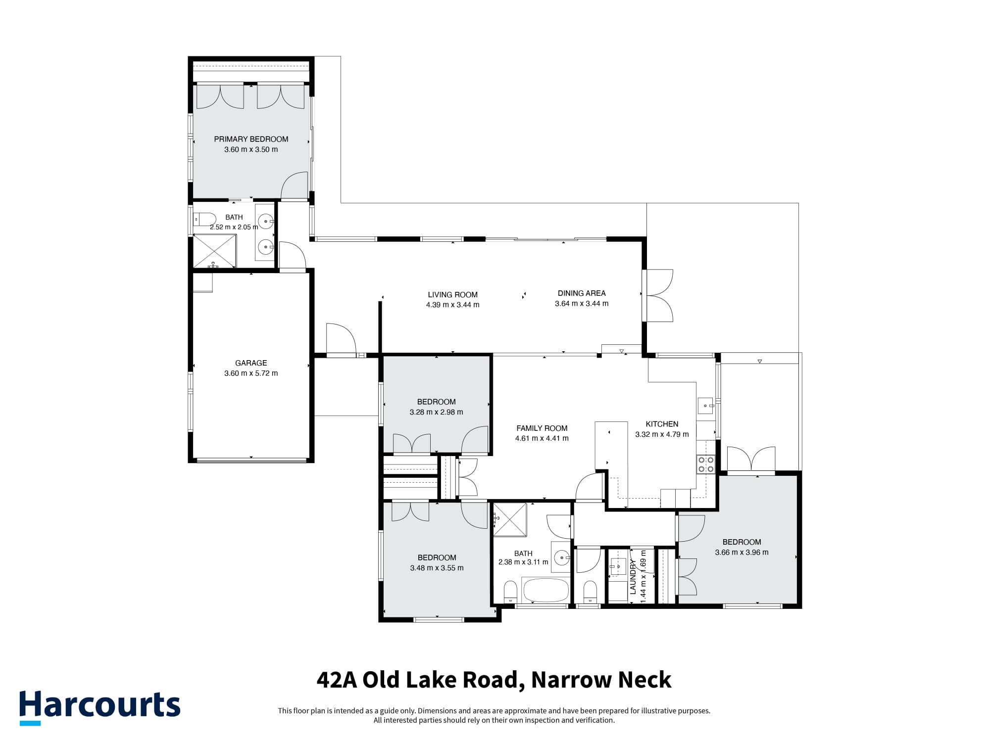 Floor plan of 42A Old Lake Road - four bedrooms, two bathrooms, open plan living and dining, family room, laundry, and a single garage